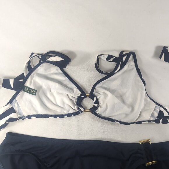 Lauren Ralph Lauren Bikini Set 12 Swim Suit Halter Triangle Navy Blue White Gold - Picture 7 of 16